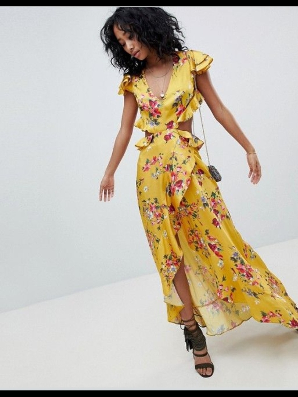 ASOS Yellow Floral Wrap Maxi Dress with Ruffle Sleeves